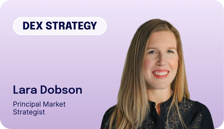 Portrait of a woman with long hair, smiling, on a purple background. Text reads "Market Strategy" and "Lara Dobson, Principal Market Strategist."