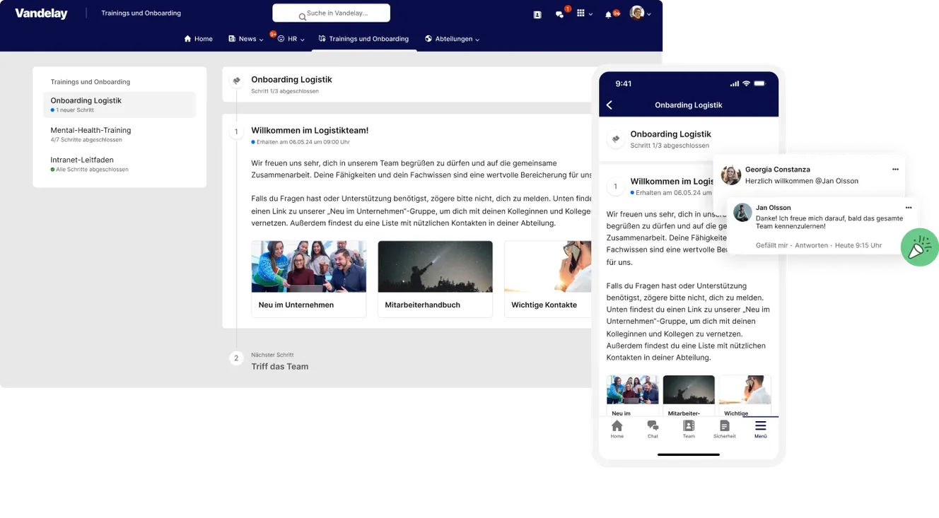 Desktop and mobile views of a logistics onboarding page with welcome text, images, and navigation options.