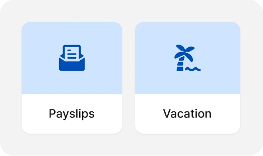 Icons for "Payslips" and "Vacation" on a light blue background; envelope with document for payslips, palm tree and waves for vacation.