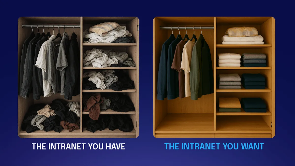 Two wardrobes: left is cluttered with messy clothes, labeled "The Intranet You Have"; right is organized, labeled "The Intranet You Want".