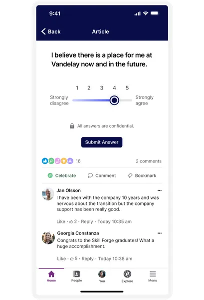 A survey screen with a 5-point agreement scale, comments, and reactions. Users discuss company support and congratulate Skill Forge graduates.