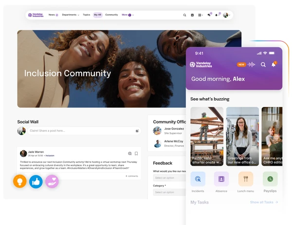 A digital platform showing a community webpage with a social wall and a mobile app interface displaying news and updates.