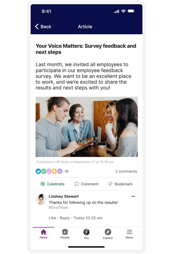 A group of people discussing survey feedback on a phone screen, with a comment from Lindsey Stewart below.