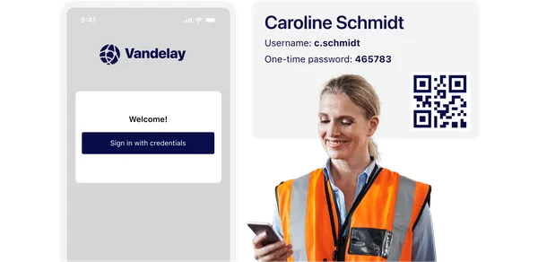 Smartphone showing Vandelay login screen beside a woman in an orange vest holding a phone. ID card displays username, one-time password, and QR code.