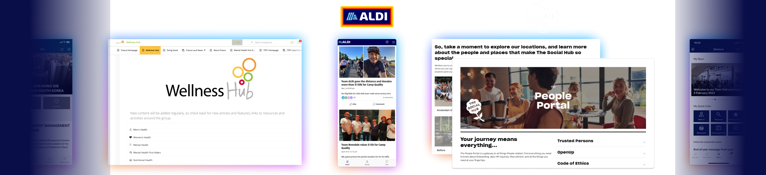 Collage of four website interfaces featuring Fresca Group, ALDI, The Social Hub, and Brussels Airlines, each with distinct branding and layouts.