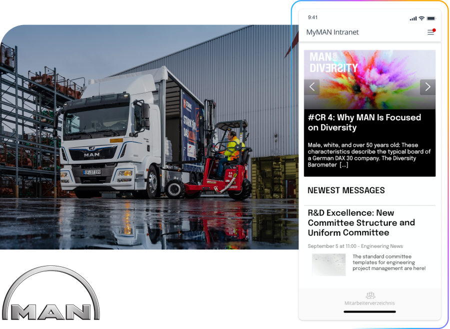 A MAN truck and forklift outside a warehouse, with a smartphone displaying the MAN intranet interface focusing on diversity.