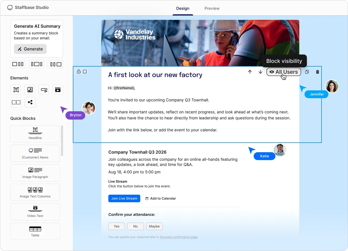 Two collaborators co-editing a Company Townhall Q3 2026 email invitation in Staffbase Studio with live cursors shown.