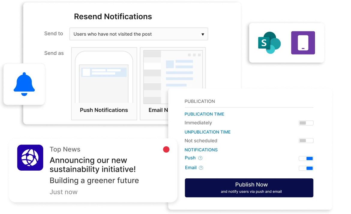 Collage of notification settings, including push and email options, with icons for SharePoint, Teams, and a bell symbol.
