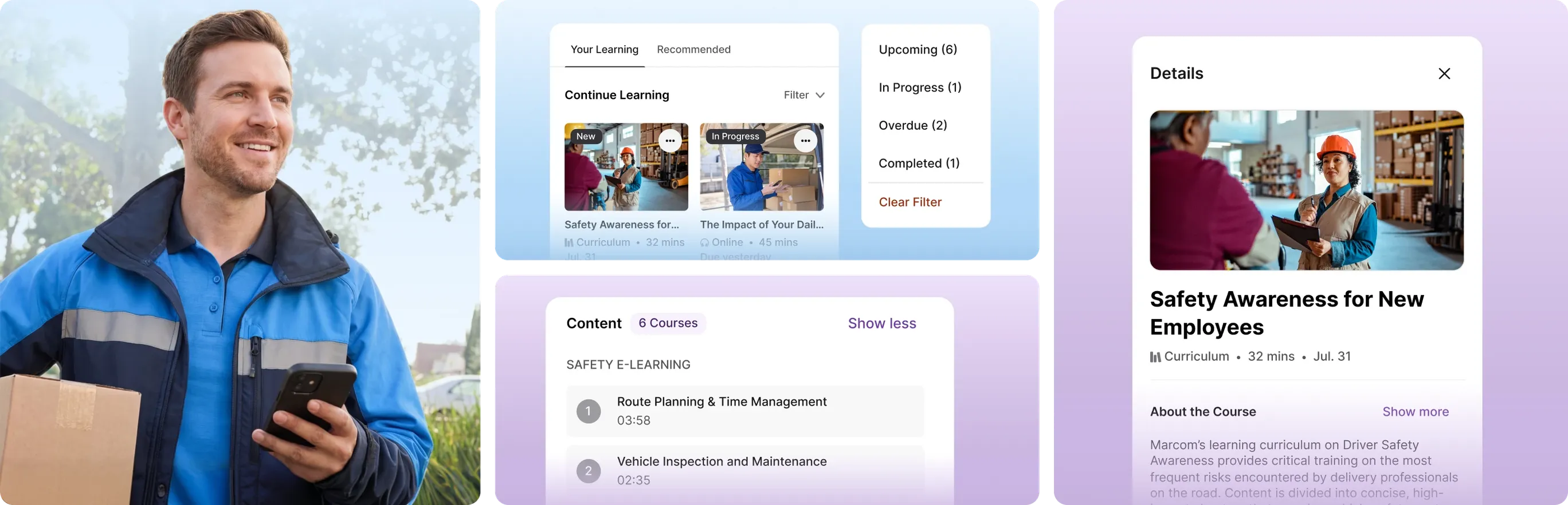 A worker holding a package and app alongside a digital interface for employee training, featuring course lists like "Safety Awareness for New Employees."