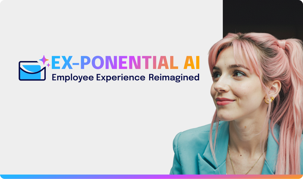 Woman with pink hair in a teal blazer next to a logo that reads "EX-PONENTIAL AI: Employee Experience Reimagined."