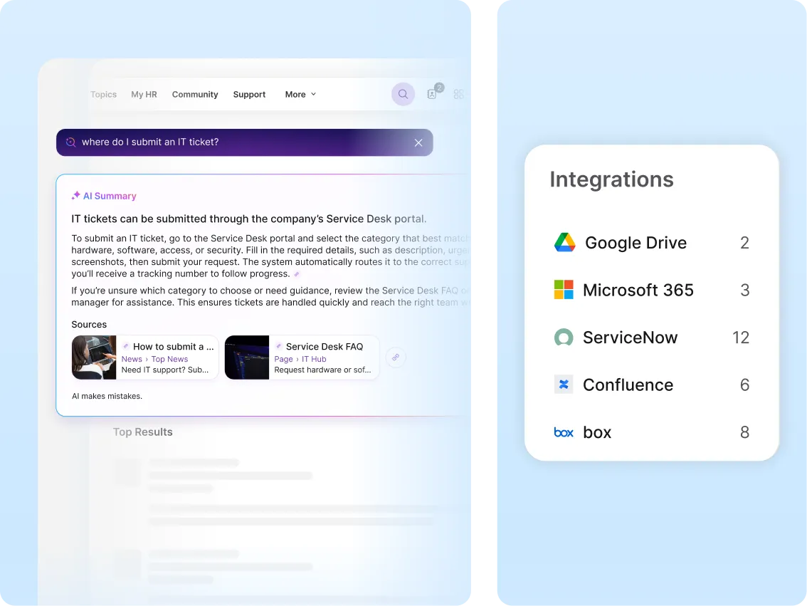 Image showing an AI-driven IT support interface with a search bar, suggestions, and software integrations like Google Drive and Microsoft 365.
