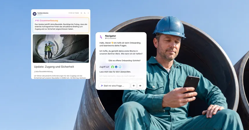 Worker in hardhat on phone with depiction of AI features for an employee app