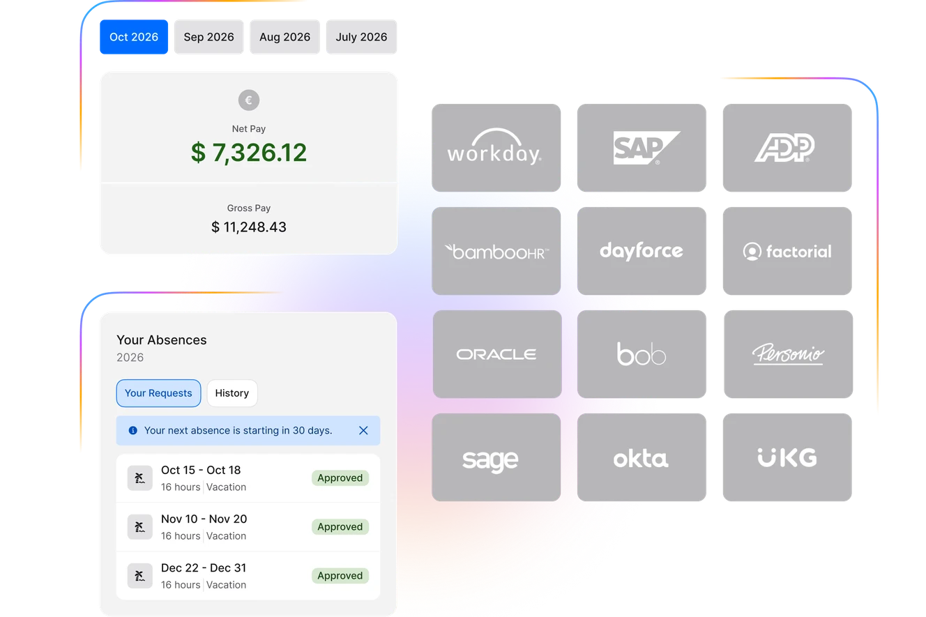 Dashboard displaying pay summary, absence requests, and logos of various HR software companies.