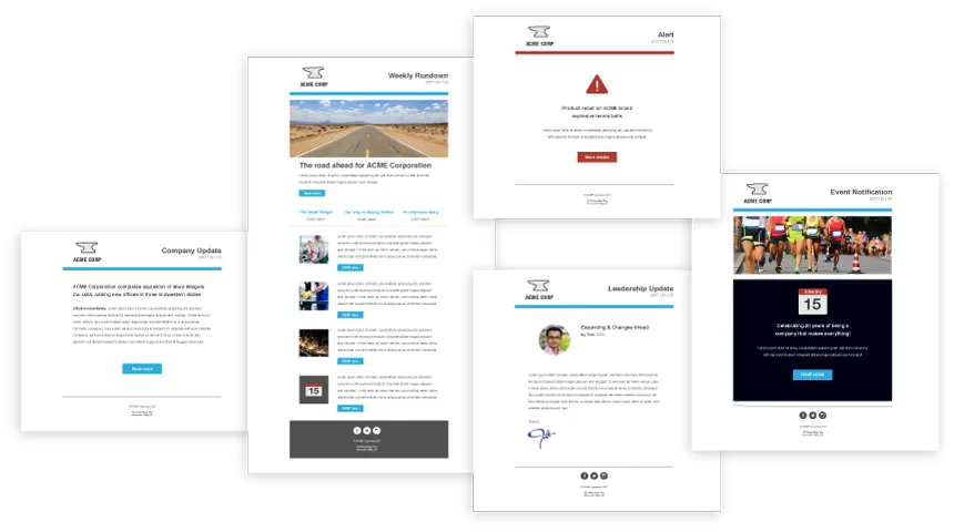 A collage of five email templates featuring alerts, company updates, event notifications, and newsletters with various layouts and images.