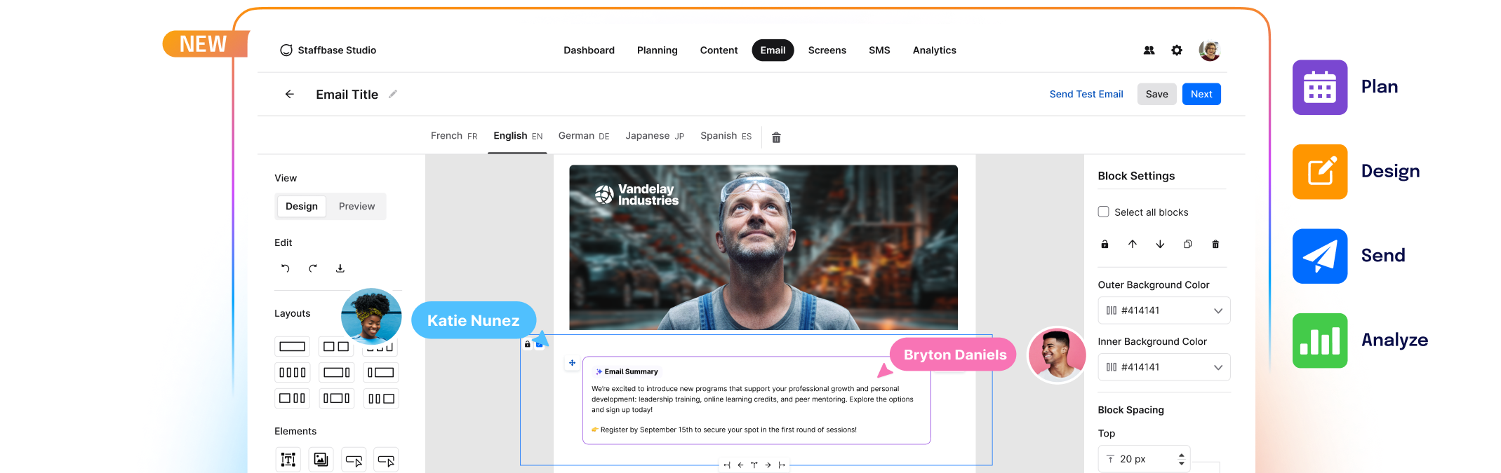Email design software interface showing a template editor with text, image, and layout options. User comments are visible on the design.