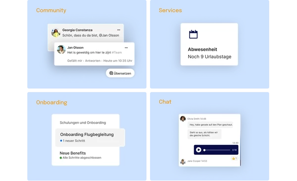 Four sections labeled Community, Services, Onboarding, and Chat, each displaying related digital notifications.