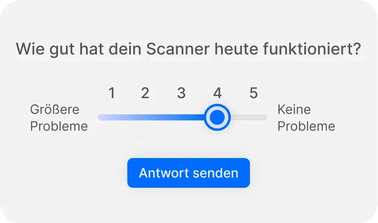 Schieberegler-Bewertung von 1 bis 5 für die Scannerleistung, eingestellt auf 4. Blaue Schaltfläche „Antwort senden“ darunter.