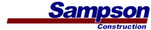 Logo of Sampson Construction featuring bold blue text with a red underline.