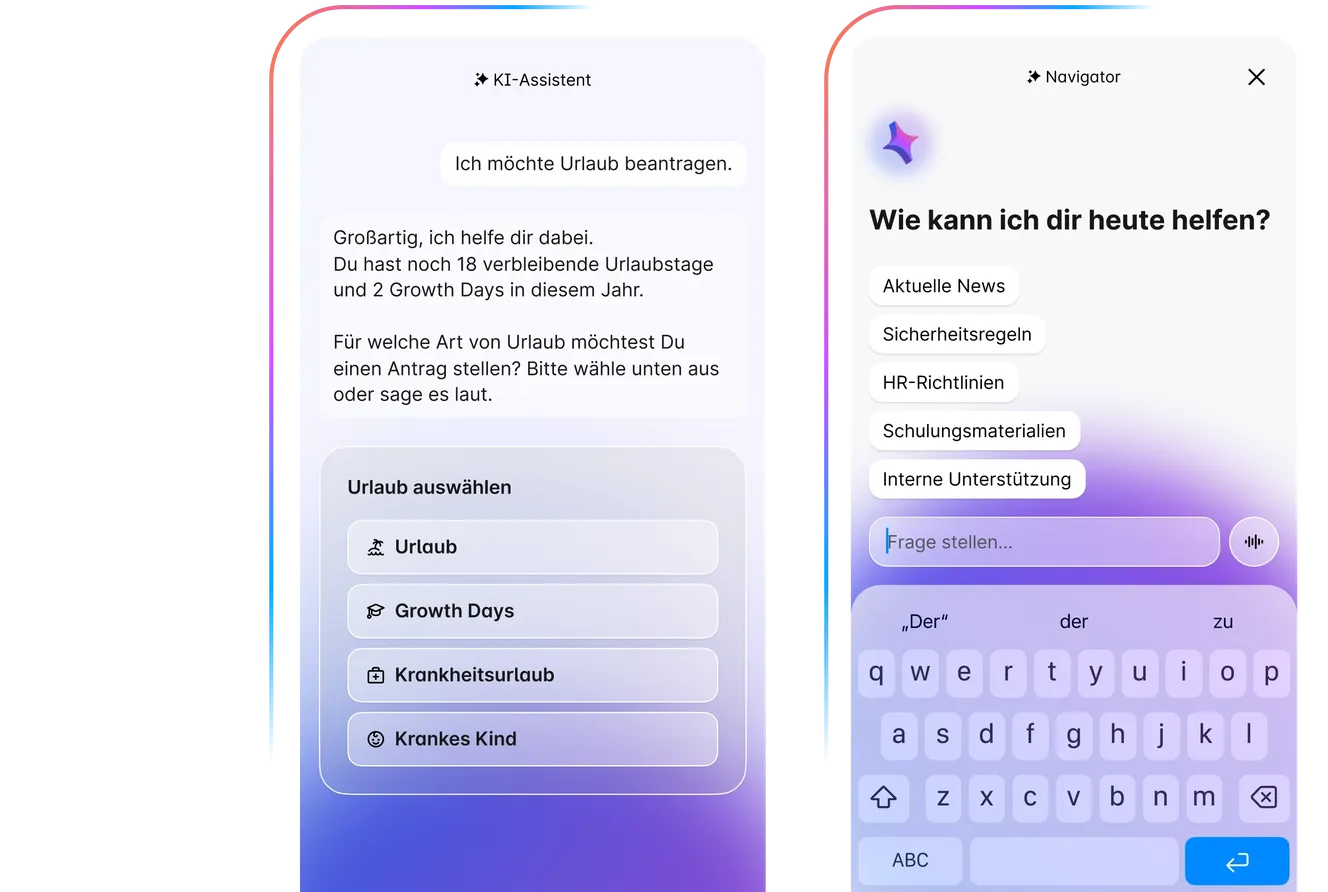 KI-Assistent in der Staffbase App: Urlaubsantrag per Chat stellen, mit Auswahl zwischen Urlaub, Growth Days, Krankheitsurlaub und Krankes Kind. Rechts: Navigator-Assistent mit Schnellzugriff auf HR-Richtlinien, Sicherheitsregeln und Schulungsmaterialien.