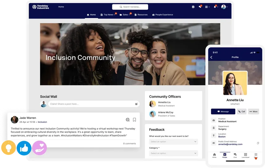 A digital platform displaying an "Inclusion Community" page with user posts, feedback, and member profiles on desktop and mobile screens.