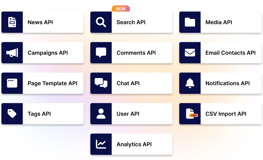 Grid of API options on a colorful background, including News, Search, Media, and more, with "Search API" marked as new.