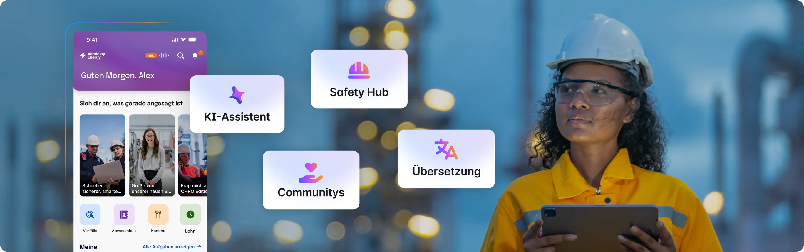 Mitarbeiterin mit Schutzhelm und Tablet steht in einer Industrieanlage; links daneben eine mobile Mitarbeiter-App mit personalisiertem Startbildschirm. Darüber schweben Funktionskacheln wie KI-Assistent, Safety Hub, Übersetzung und Communitys.