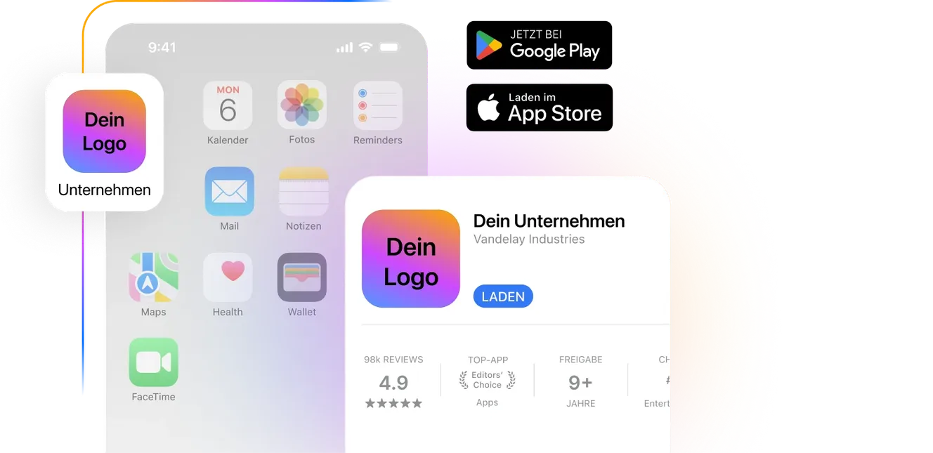 Werbung für die mobile App mit dem Logo von „Ihr Unternehmen“, verfügbar bei Google Play und im App Store, mit einer Bewertung von 4,9 Sternen und einer Altersfreigabe ab 9 Jahren.
