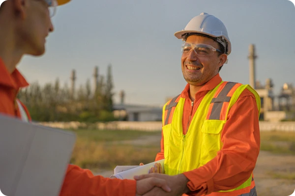 Two workers in hard hats and high-vis vests shake hands outdoors near an industrial facility, one holding documents, both smiling.