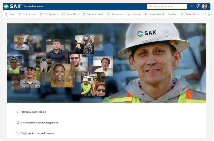A collage of diverse employees with a central focus on a smiling worker wearing a hard hat and safety vest, under the "SAK Human Resources" banner.