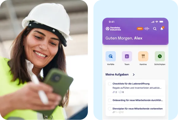 Frontline-Mitarbeiterin mit Smartphone und Mitarbeiter-App-Screen
