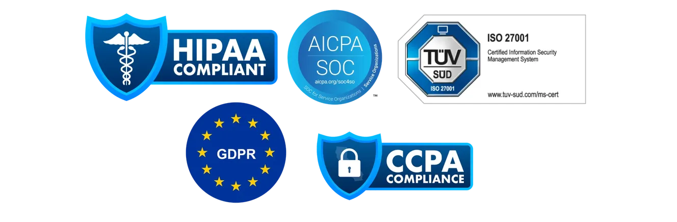 Various compliance badges, including HIPAA, AICPA SOC, ISO 27001, GDPR, and CCPA, indicating data security and privacy standards.