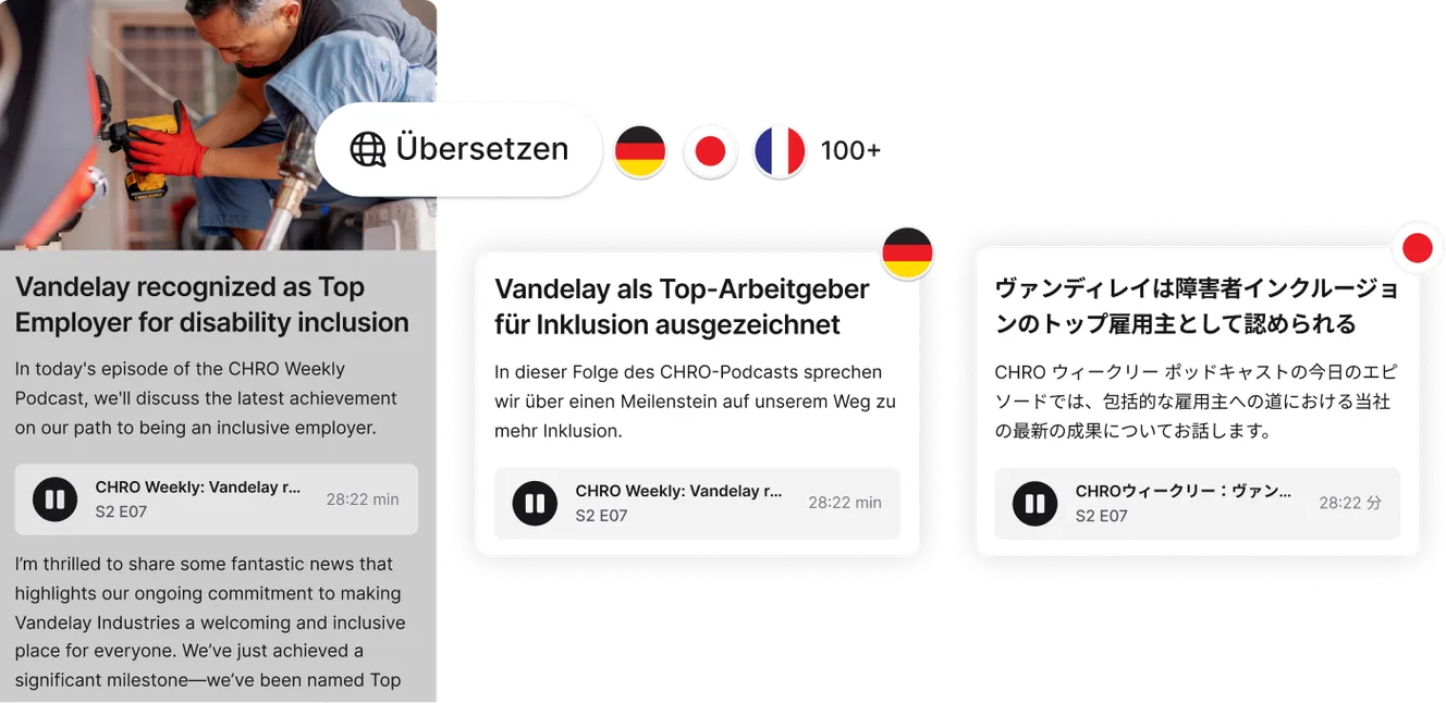 A person using a tablet with translation options in multiple languages, displaying text about Vandelay's recognition as a top employer for inclusion.
