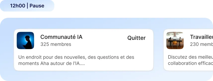 Interface Staffbase montrant une communauté intitulée "Communauté IA" avec 325 membres, accessible à 12h00 pendant la pause déjeuner