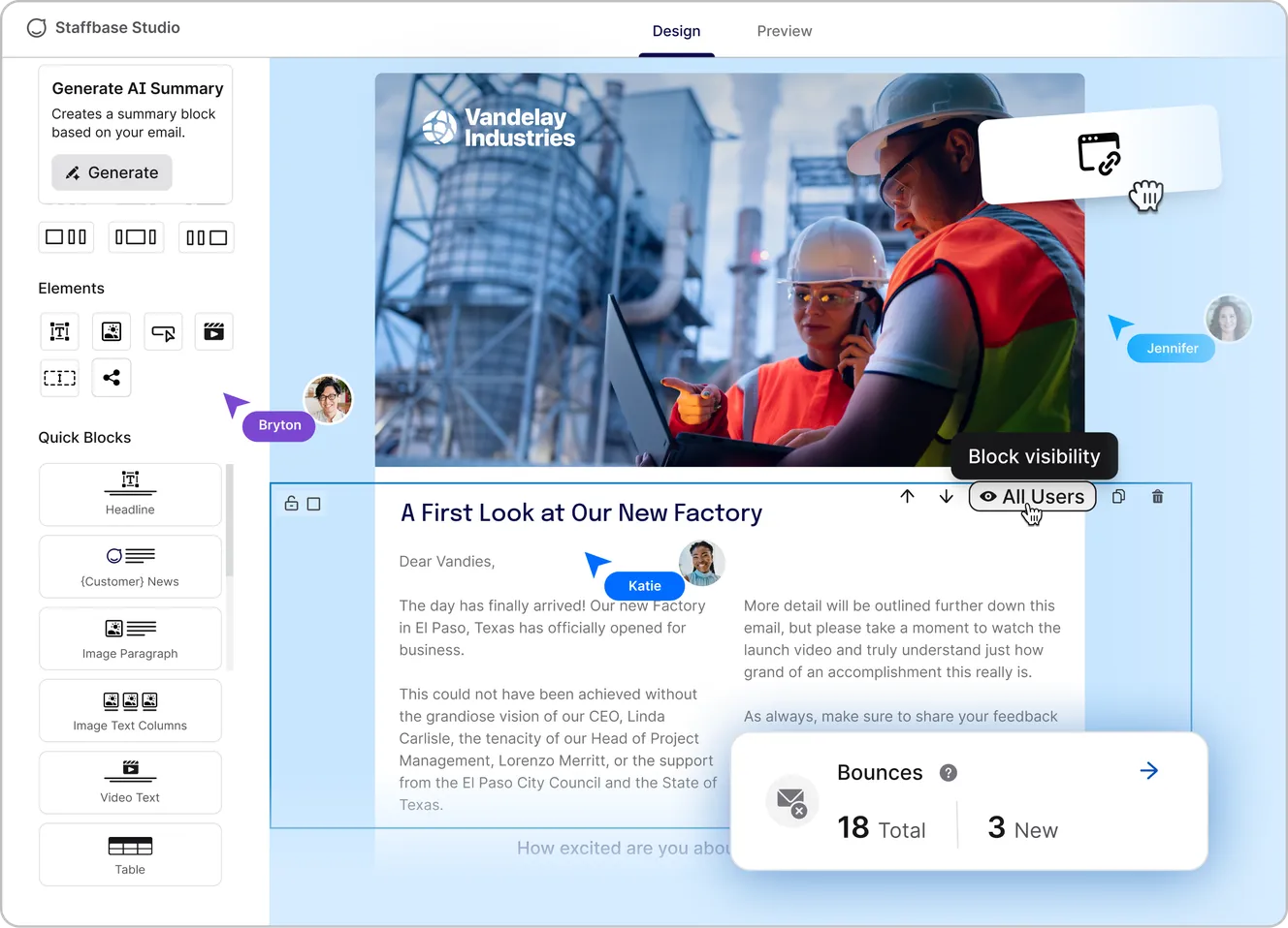 Staffbase Studio email editor showing a drag-and-drop interface with a live employee email about a factory opening. The canvas displays a hero image, two-column text layout, and block visibility controls. Three collaborators (Bryton, Katie, Jennifer) are editing simultaneously, with a bounce stats overlay showing 18 total bounces.