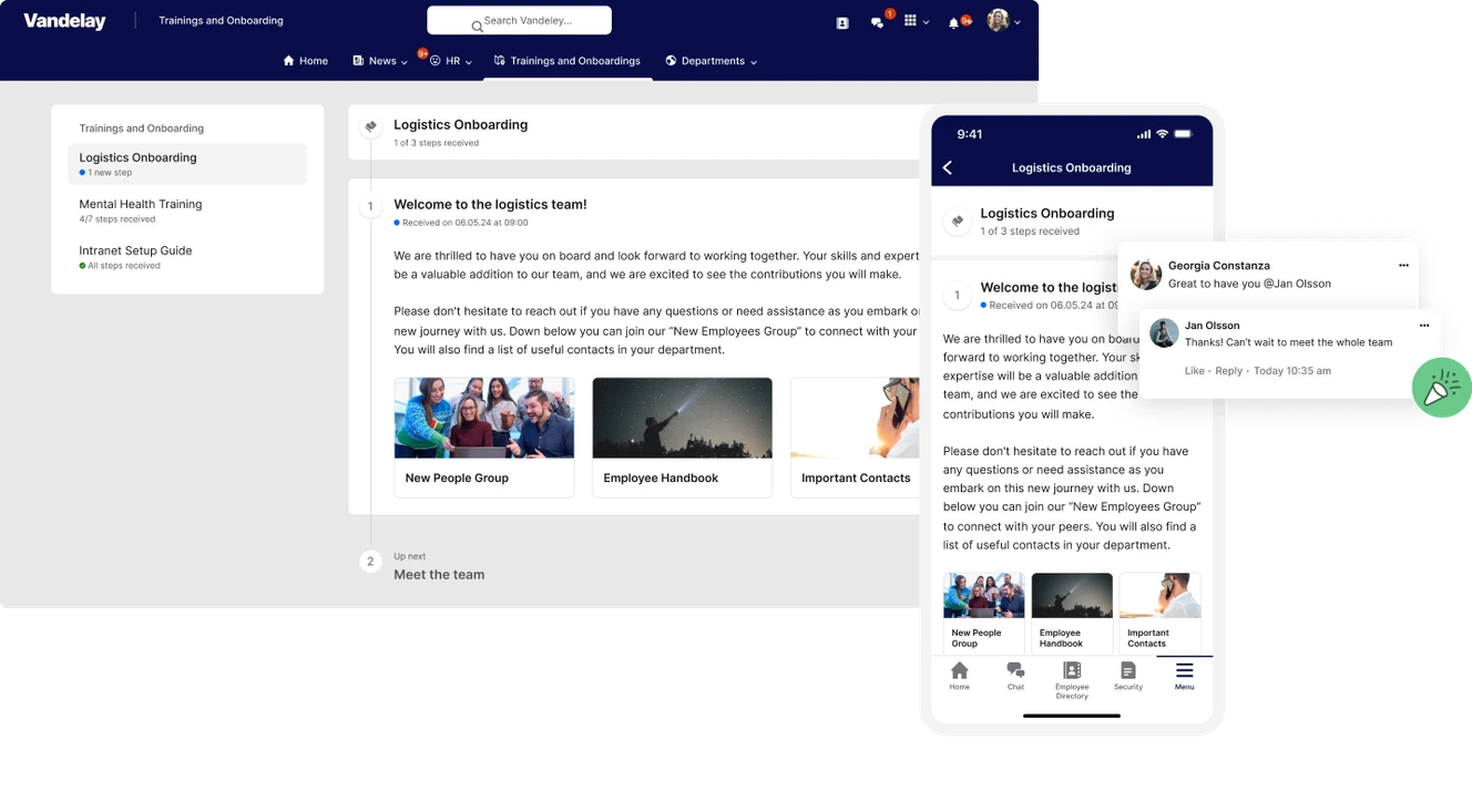 Desktop and mobile views of a logistics onboarding page with welcome text, images, and navigation options.