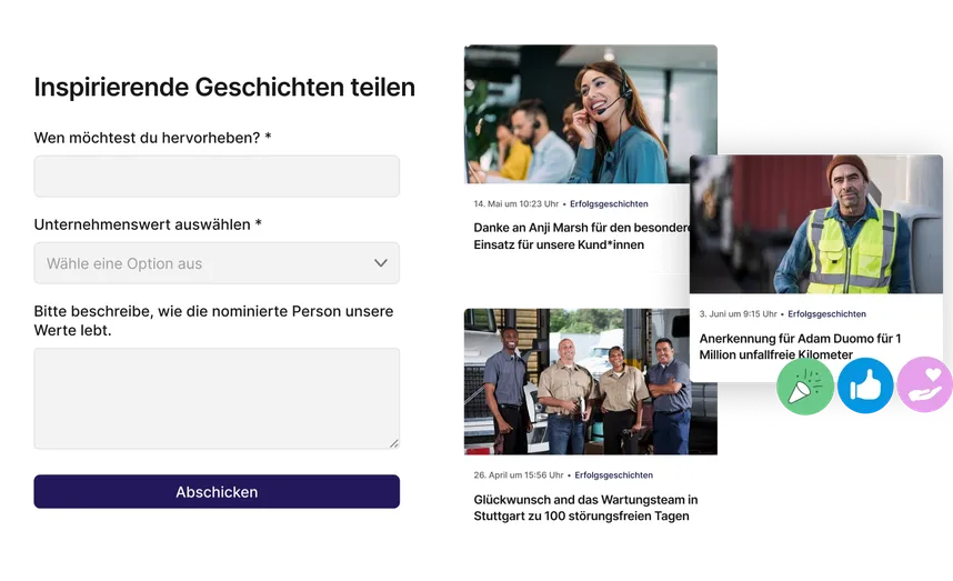 A form for submitting inspiring stories and three images of employees being recognized for their achievements with dates and descriptions.