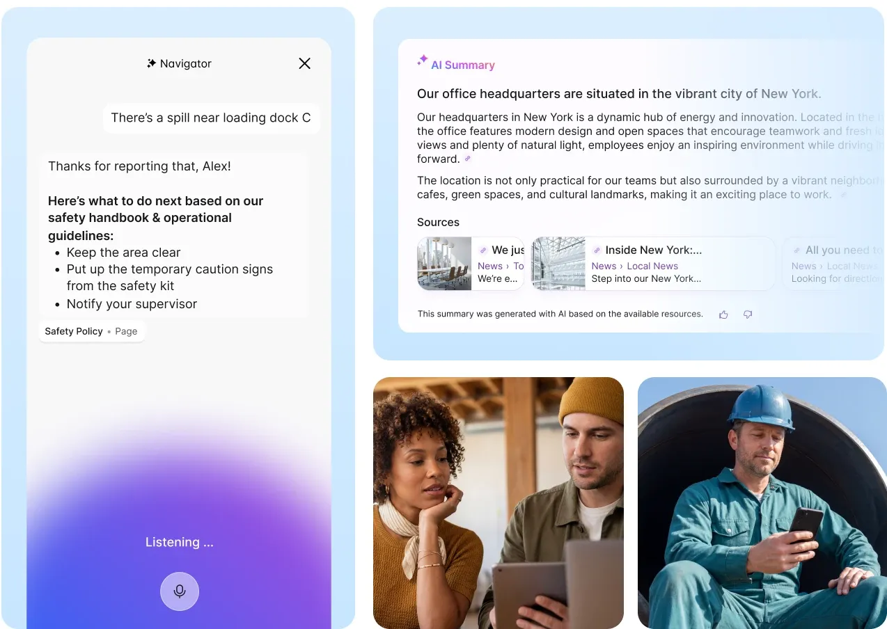 Split-screen displaying AI interfaces: safety alert, office summary, and people using digital devices. Worker, professional, and casual settings shown.