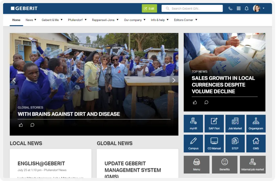 Screenshot of a webpage featuring a group of children and adults, news headlines, and a navigation menu with various links.