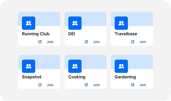 Grid of six blue icons with labels: Running Club, DEI, Travelbase, Snapshot, Cooking, Gardening, each with a "Join" button.