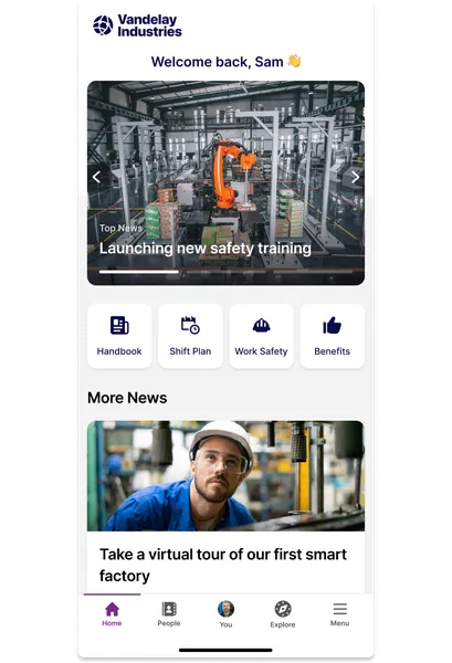 Factory training app interface with industrial robot, safety training headline, and news about a virtual factory tour with a worker in a hard hat.