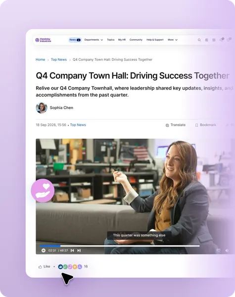 A intranet featuring a video player for a company town hall with captions and reactions.