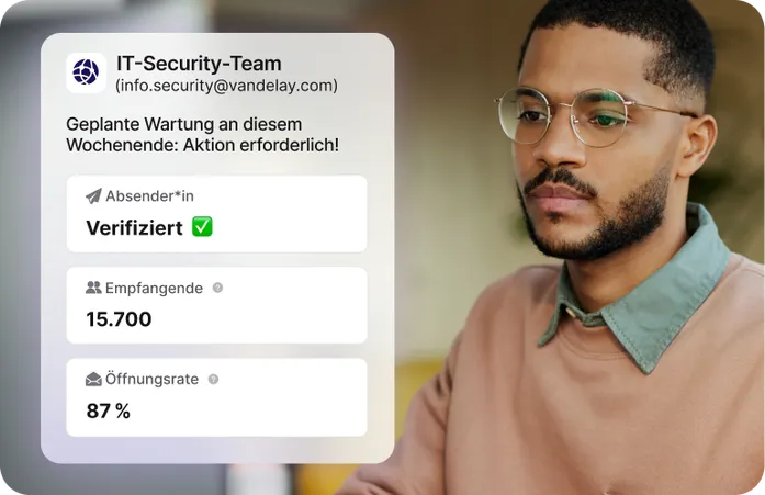 Mobile Benachrichtigung des IT-Security-Teams zu geplanter Wartung mit verifizierter Absenderadresse und 87 Prozent Öffnungsrate