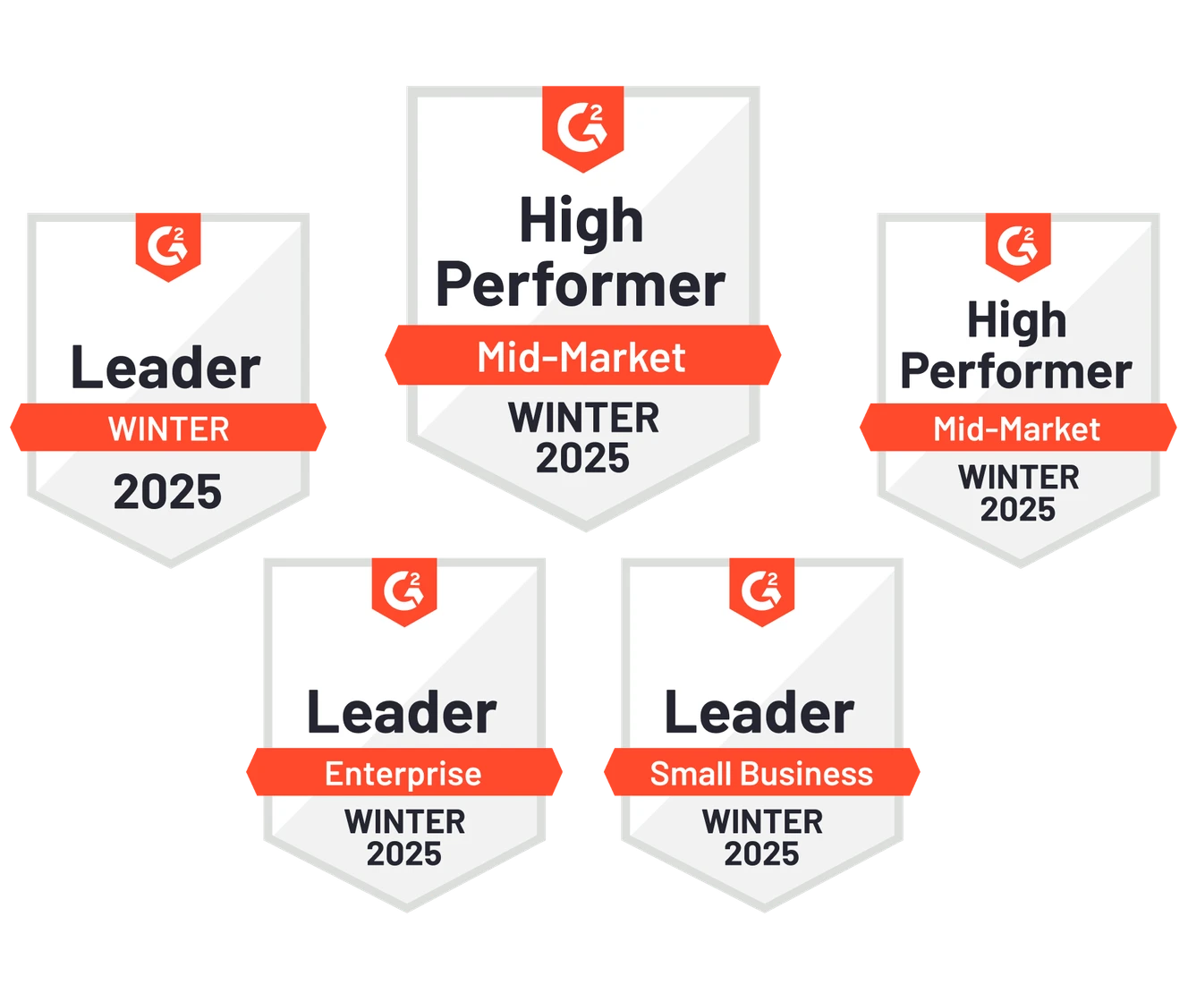 Five G2 badges for Winter 2025: Leader (3) and High Performer (2) across various categories like Mid-Market, Enterprise, and Small Business.