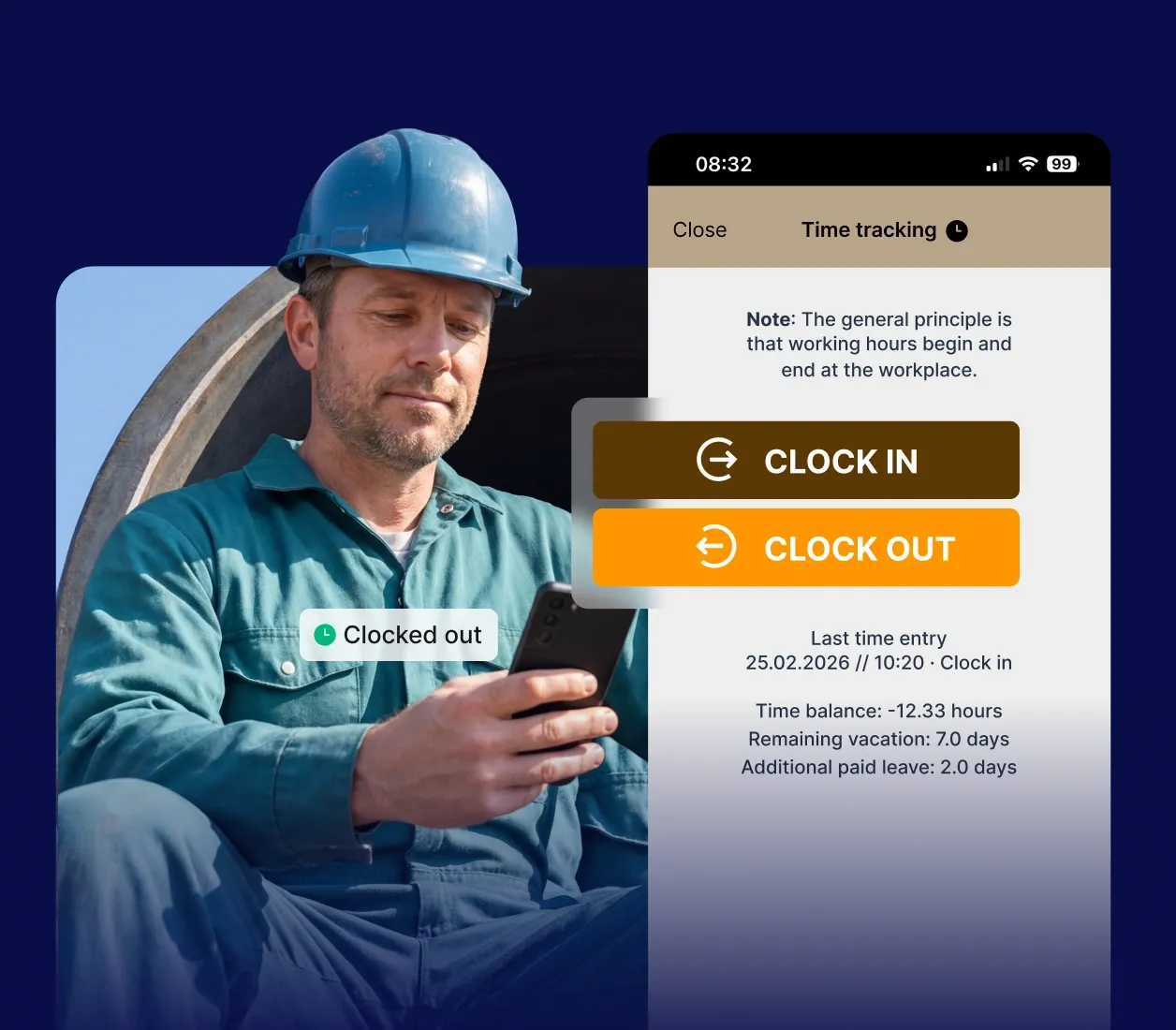 Man in a hard hat using time-tracking app on smartphone, with a clock-out interface displayed on screen.