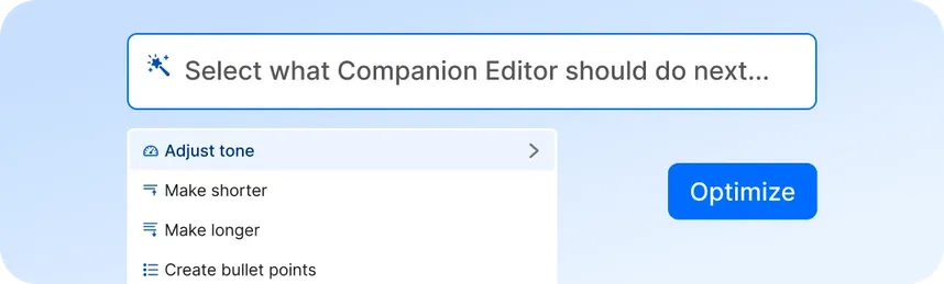 Staffbase Companion Editor interface showing AI writing options including adjust tone, make shorter, make longer, and create bullet points, with an Optimize button.
