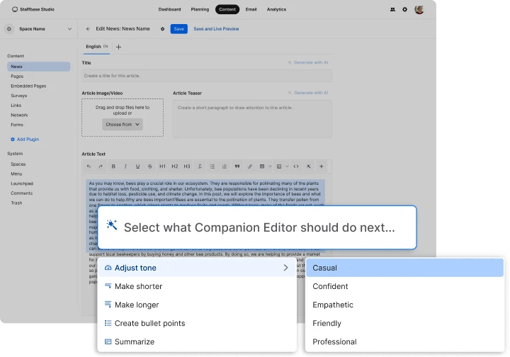 A content editing interface with options to adjust tone, including Casual, Confident, Empathetic, Friendly, and Professional.