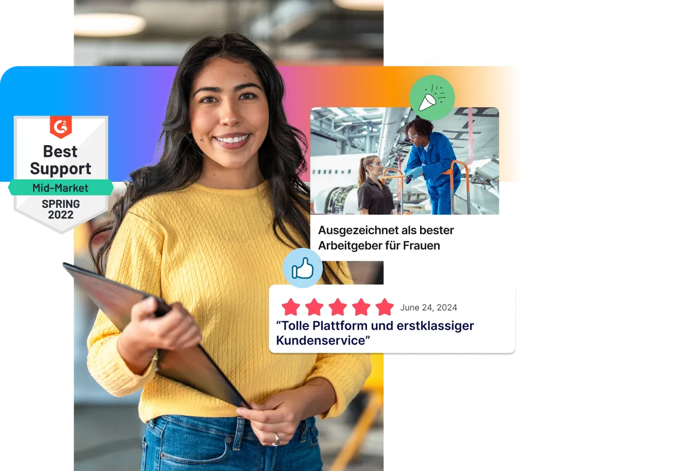 Smiling woman holding a laptop, with awards and positive reviews displayed around her, including "Best Support" and "Tolle Plattform und erstklassiger Kundenservice."
