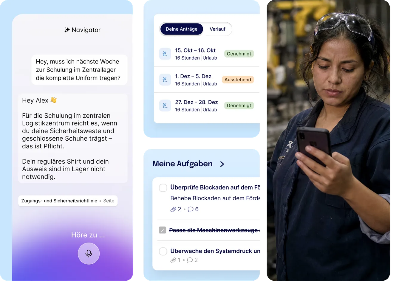 Staffbase Navigator beantwortet Frage zur Arbeitskleidung per Spracheingabe; daneben Urlaubsanträge mit Status und Aufgabenliste für Förderbandkontrolle und Maschinenwartung; rechts eine Frau in Arbeitskleidung, die in einer Fabrik ihr Smartphone nutzt
