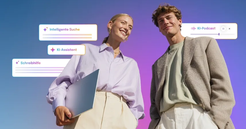 Ein Foto einer Frau mit Laptop und eines Mannes umgeben von Begriffen wie „KI-Assisten“ und „KI-Podcast“