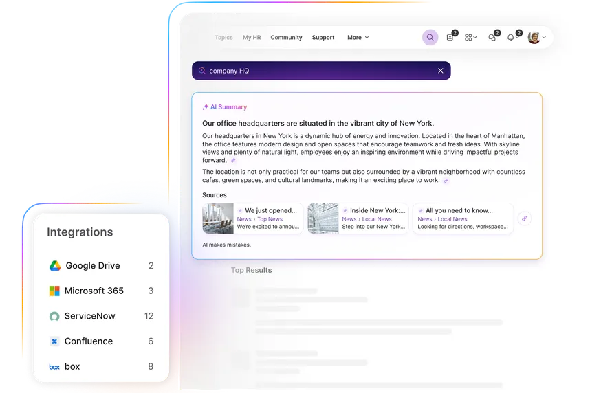 Interface showing a search bar with "company HQ," AI summary about New York office, and integrations with Google Drive, Microsoft 365, and others.